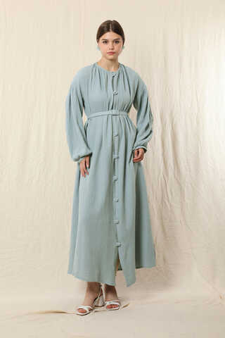 Yakası Büzgülü Düğmeli Elbise Bebe Mavisi - 1