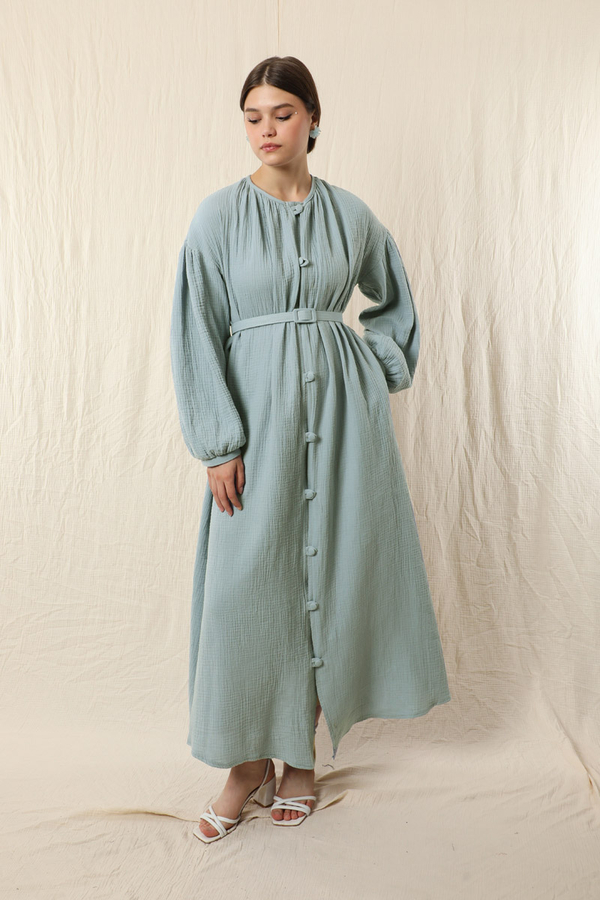 Yakası Büzgülü Düğmeli Elbise Bebe Mavisi - 4