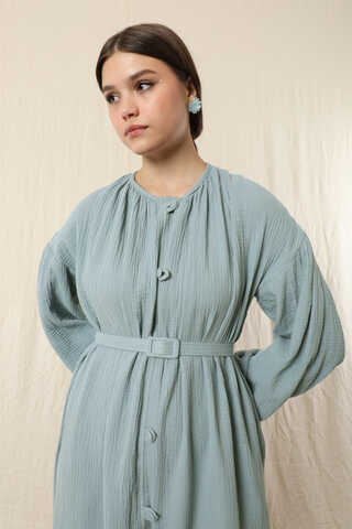 Yakası Büzgülü Düğmeli Elbise Bebe Mavisi - 3