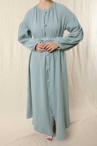 Yakası Büzgülü Düğmeli Elbise Bebe Mavisi - 2