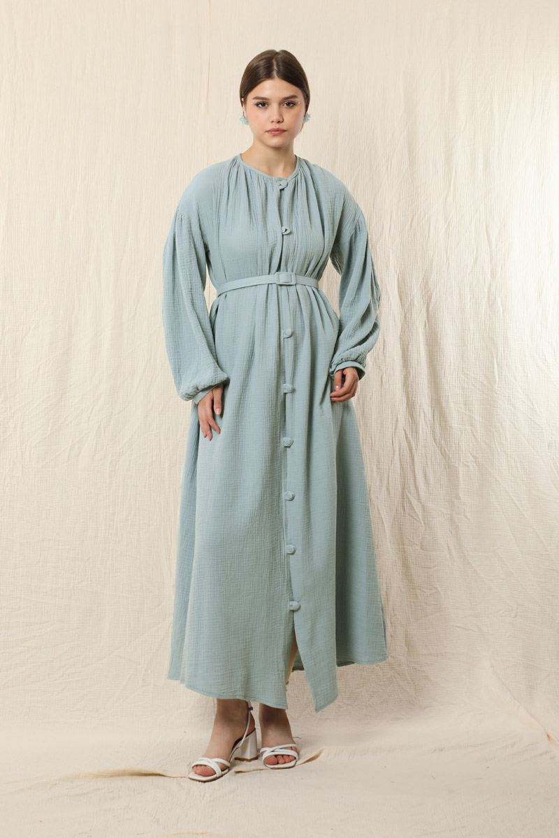 Yakası Büzgülü Düğmeli Elbise Bebe Mavisi