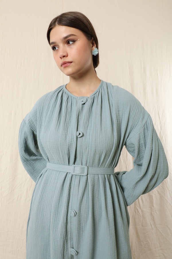 Yakası Büzgülü Düğmeli Elbise Bebe Mavisi - 3