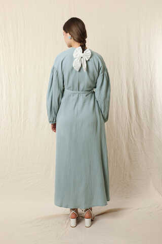 Yakası Büzgülü Düğmeli Elbise Bebe Mavisi - 6