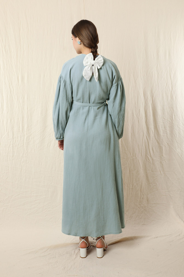 Yakası Büzgülü Düğmeli Elbise Bebe Mavisi - 6