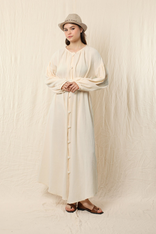 Yakası Büzgülü Düğmeli Elbise Ekru - 2