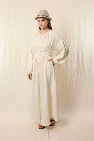 Yakası Büzgülü Düğmeli Elbise Ekru - 3