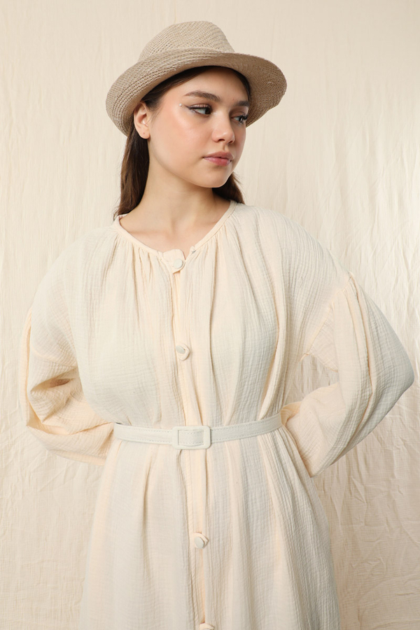 Yakası Büzgülü Düğmeli Elbise Ekru - 4