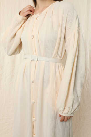 Yakası Büzgülü Düğmeli Elbise Ekru - 6