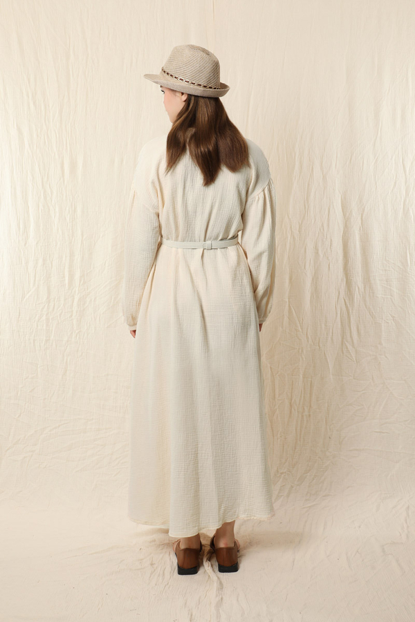 Yakası Büzgülü Düğmeli Elbise Ekru - 8