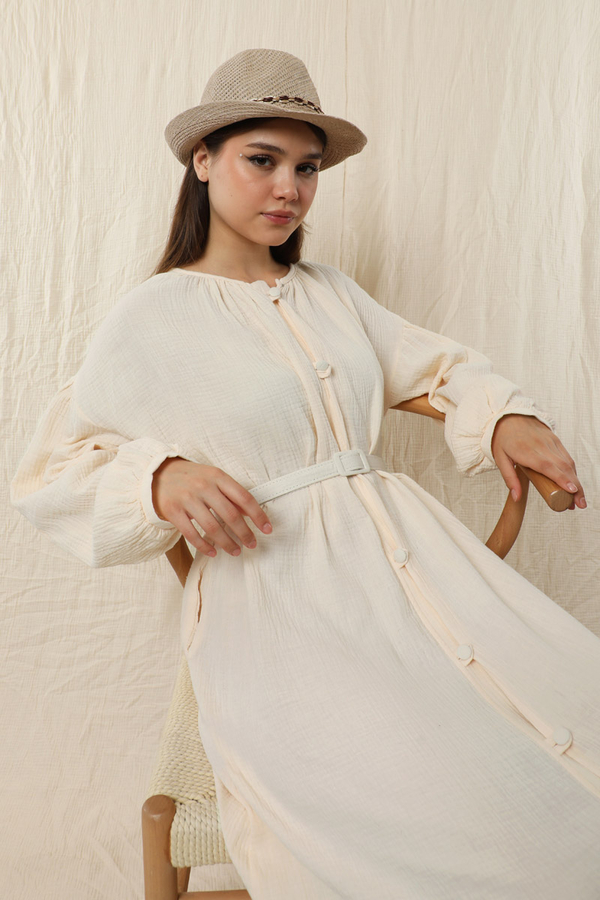 Yakası Büzgülü Düğmeli Elbise Ekru - 7