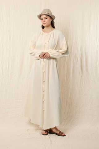 Yakası Büzgülü Düğmeli Elbise Ekru - 2