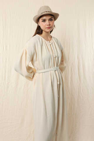 Yakası Büzgülü Düğmeli Elbise Ekru - 5