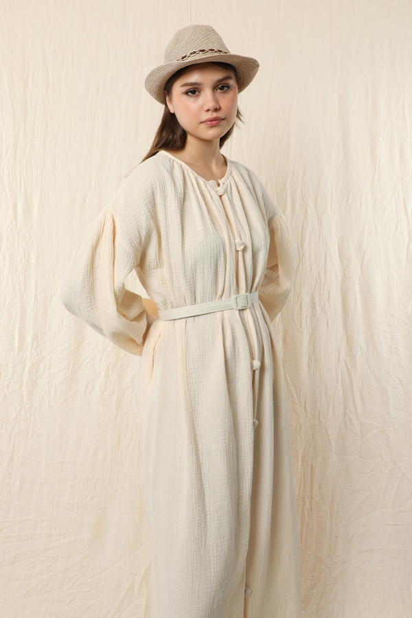 Yakası Büzgülü Düğmeli Elbise Ekru - 5