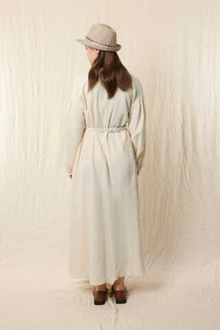 Yakası Büzgülü Düğmeli Elbise Ekru - 8