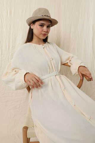 Yakası Büzgülü Düğmeli Elbise Ekru - 7