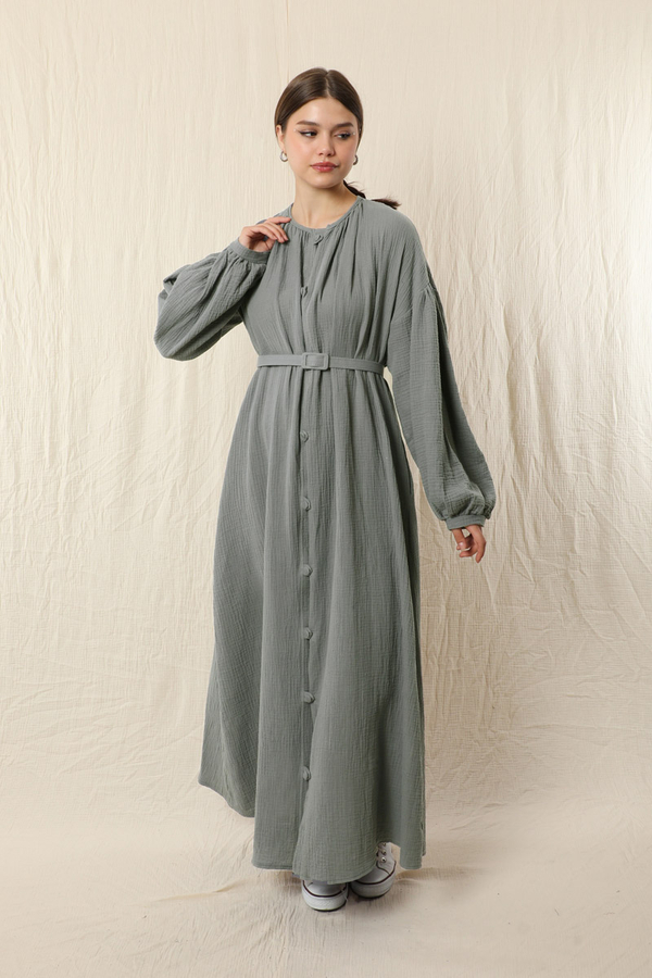 Yakası Büzgülü Düğmeli Elbise Koyu Gri - 4