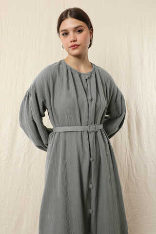 Yakası Büzgülü Düğmeli Elbise Koyu Gri - 3