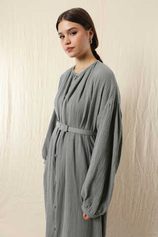 Yakası Büzgülü Düğmeli Elbise Koyu Gri - 5