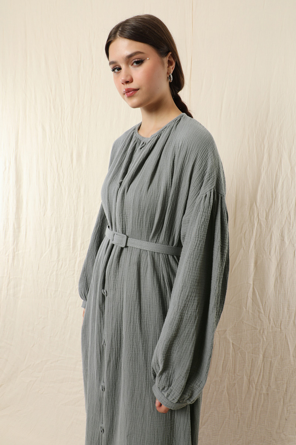 Yakası Büzgülü Düğmeli Elbise Koyu Gri - 5