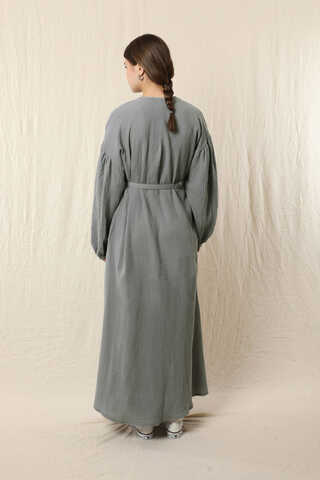 Yakası Büzgülü Düğmeli Elbise Koyu Gri - 6