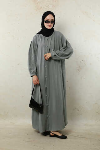 Yakası Büzgülü Düğmeli Elbise Koyu Gri - 7