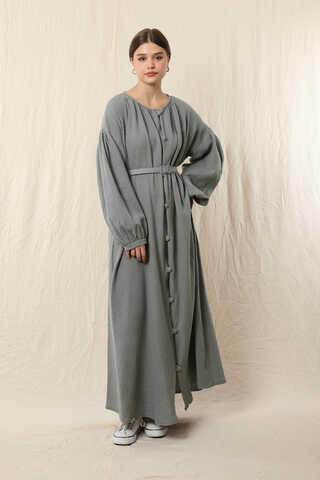 Yakası Büzgülü Düğmeli Elbise Koyu Gri - 2