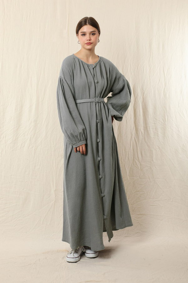 Yakası Büzgülü Düğmeli Elbise Koyu Gri - 2