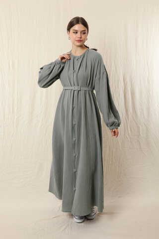 Yakası Büzgülü Düğmeli Elbise Koyu Gri - 4