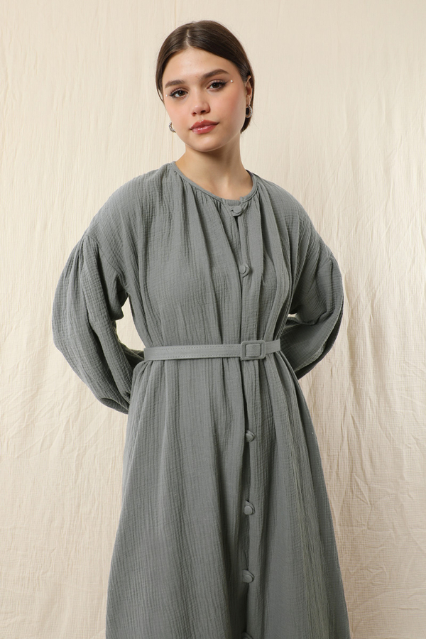 Yakası Büzgülü Düğmeli Elbise Koyu Gri - 3