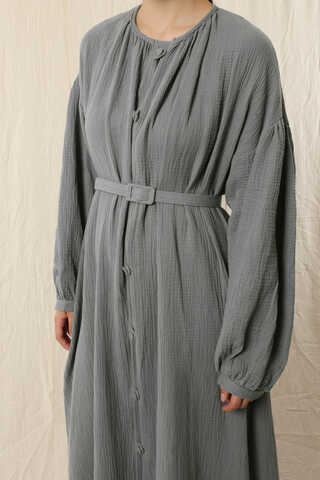 Yakası Büzgülü Düğmeli Elbise Koyu Gri - 1
