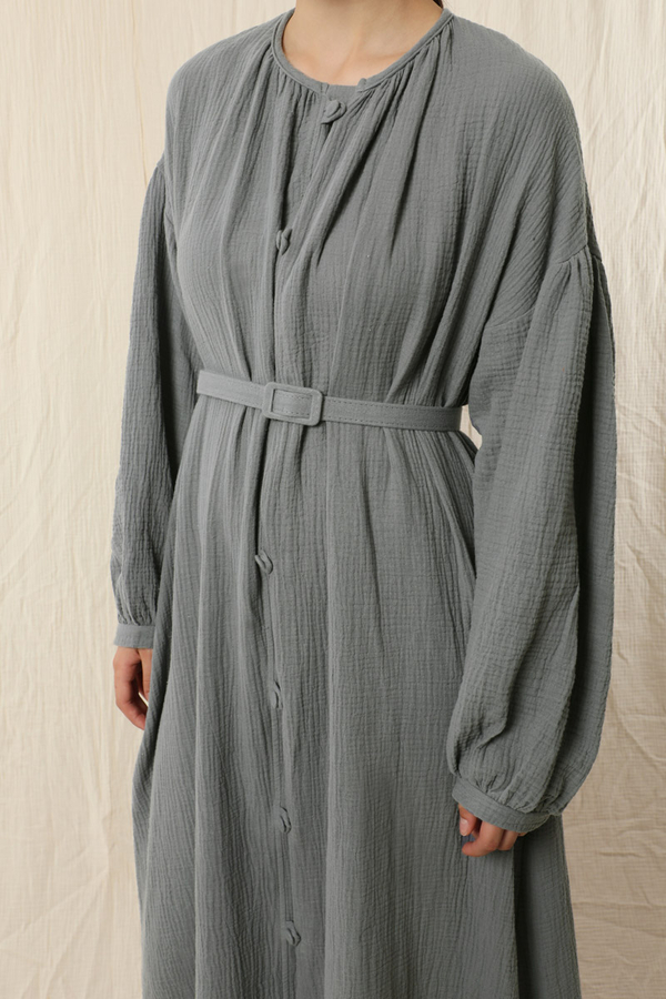Yakası Büzgülü Düğmeli Elbise Koyu Gri - 1