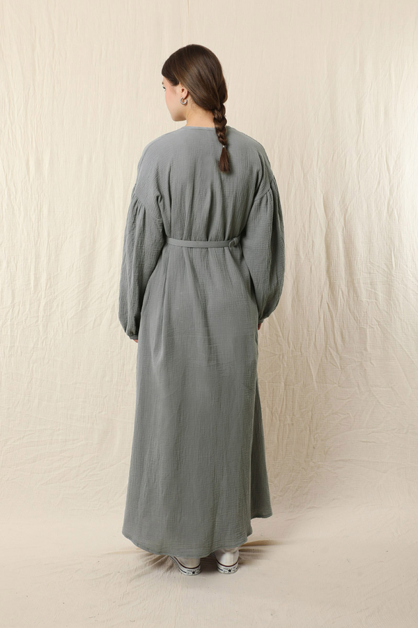 Yakası Büzgülü Düğmeli Elbise Koyu Gri - 6