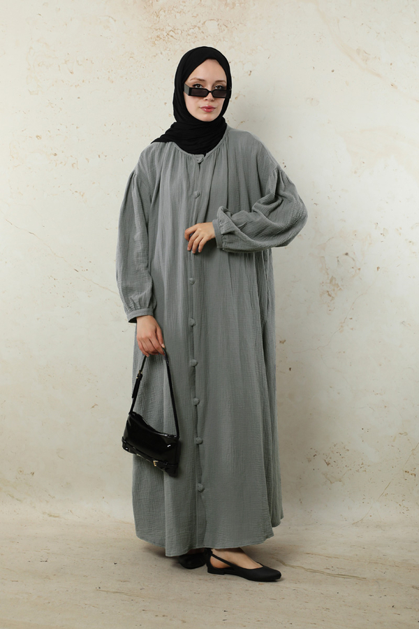 Yakası Büzgülü Düğmeli Elbise Koyu Gri - 7