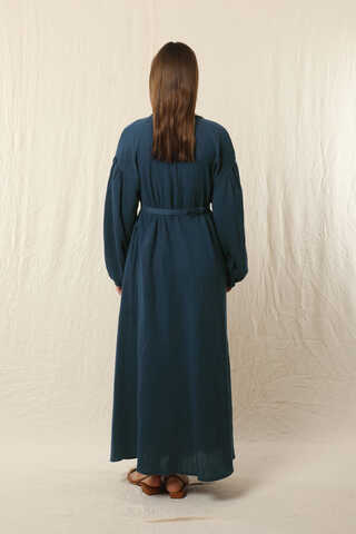Yakası Büzgülü Düğmeli Elbise Lacivert - 7