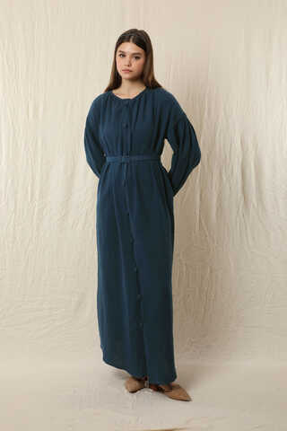 Yakası Büzgülü Düğmeli Elbise Lacivert - 2