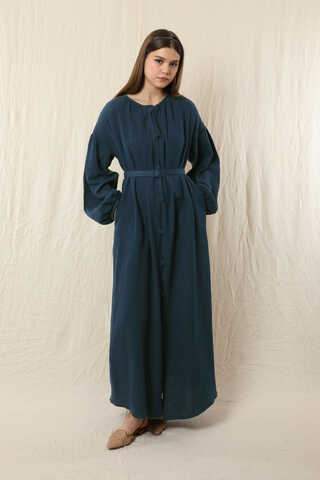 Yakası Büzgülü Düğmeli Elbise Lacivert - 4