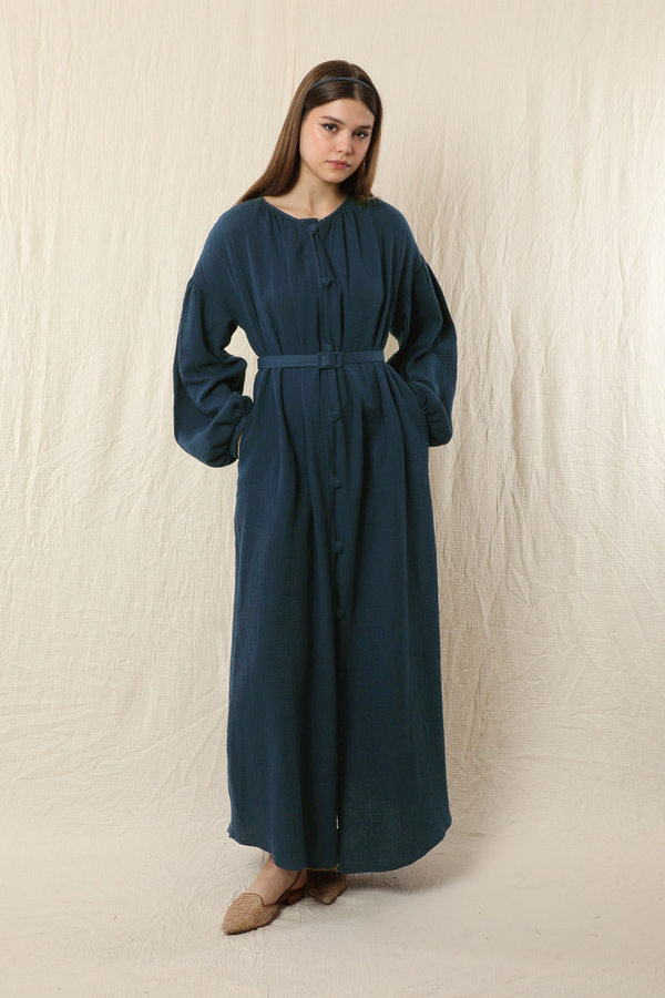 Yakası Büzgülü Düğmeli Elbise Lacivert - 4