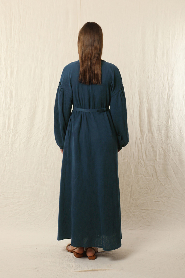 Yakası Büzgülü Düğmeli Elbise Lacivert - 7