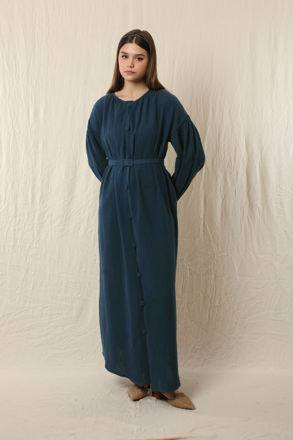 Yakası Büzgülü Düğmeli Elbise Lacivert - 2