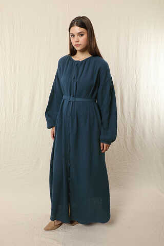 Yakası Büzgülü Düğmeli Elbise Lacivert - 6