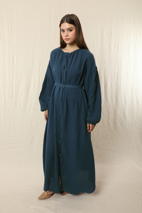 Yakası Büzgülü Düğmeli Elbise Lacivert - 6