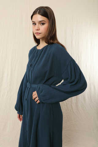 Yakası Büzgülü Düğmeli Elbise Lacivert - 5