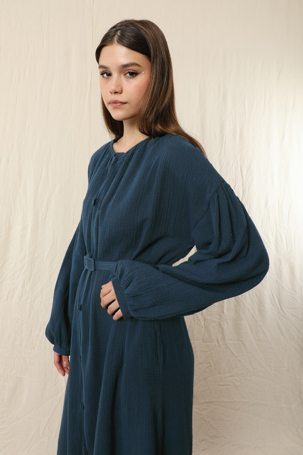 Yakası Büzgülü Düğmeli Elbise Lacivert - 5