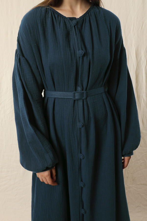 Yakası Büzgülü Düğmeli Elbise Lacivert - 3