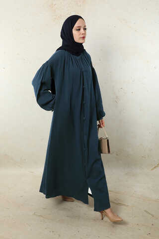 Yakası Büzgülü Düğmeli Elbise Lacivert - 8