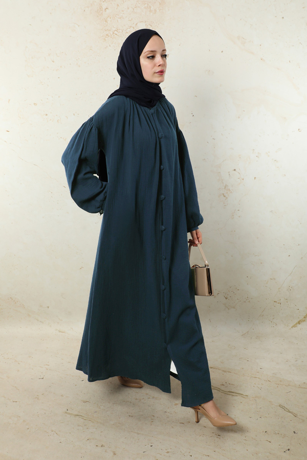 Yakası Büzgülü Düğmeli Elbise Lacivert - 8