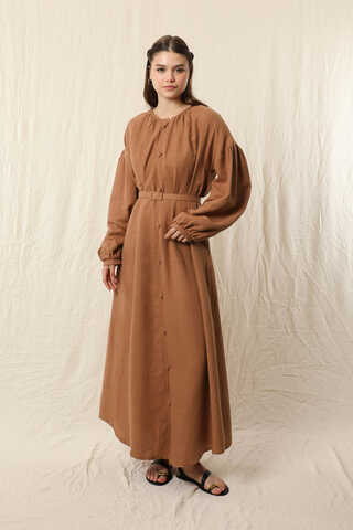 Yakası Büzgülü Düğmeli Elbise Oranj - 3