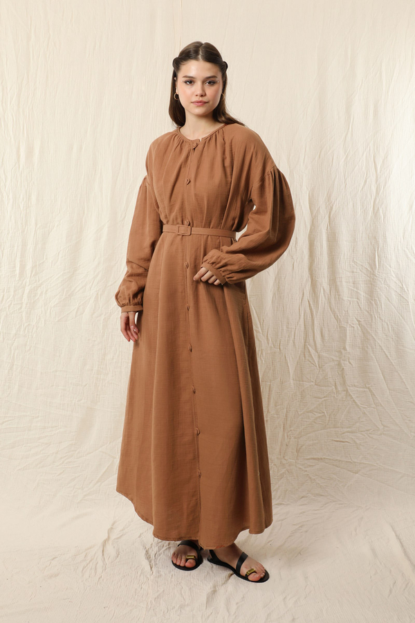 Yakası Büzgülü Düğmeli Elbise Oranj - 3