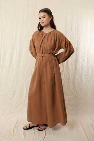 Yakası Büzgülü Düğmeli Elbise Oranj - 5