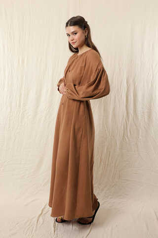 Yakası Büzgülü Düğmeli Elbise Oranj - 1